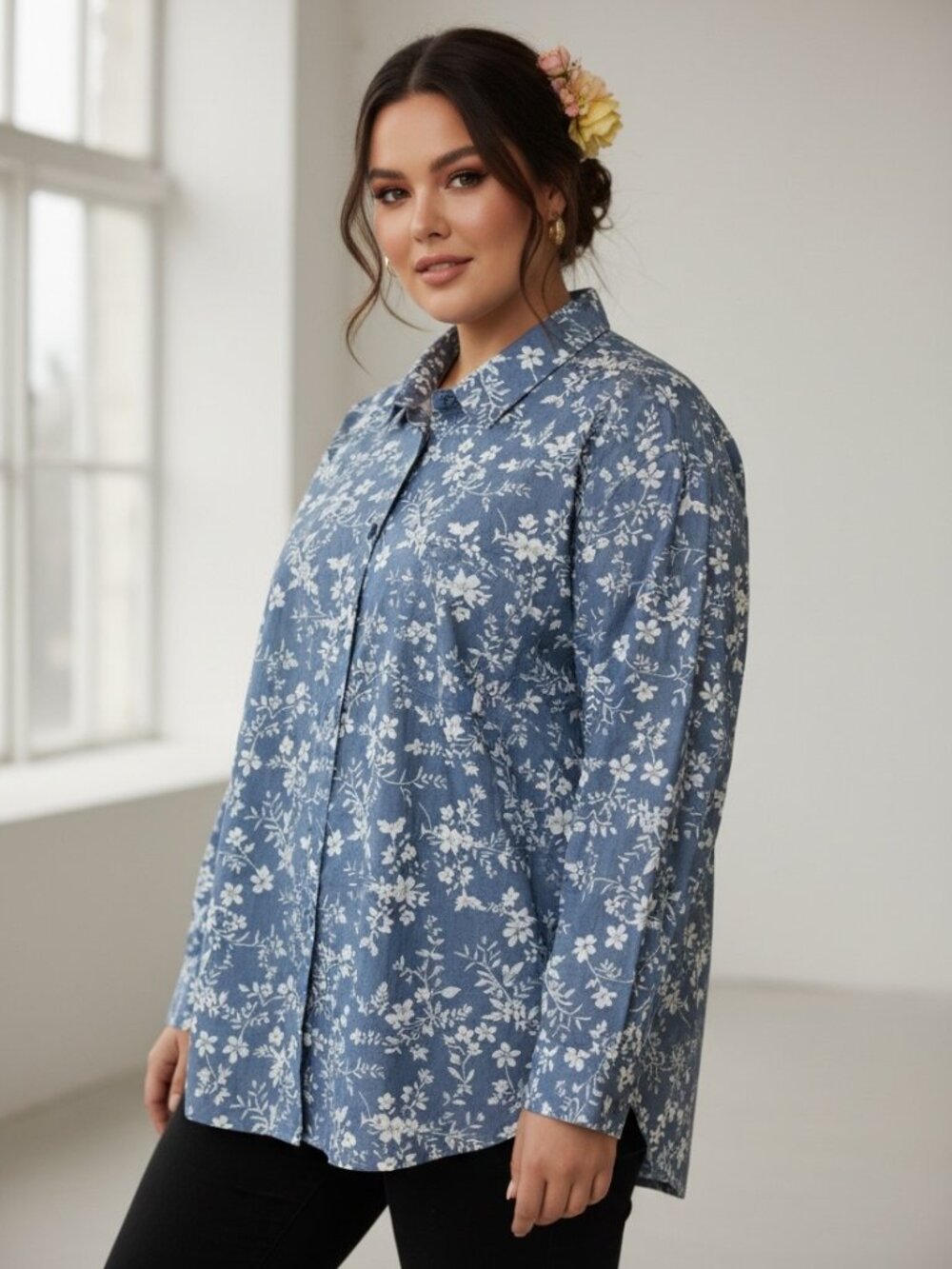 Joan Rivers Shirt Womens 3X Blue Chambray Ditsy Floral Button Up Cottagecore